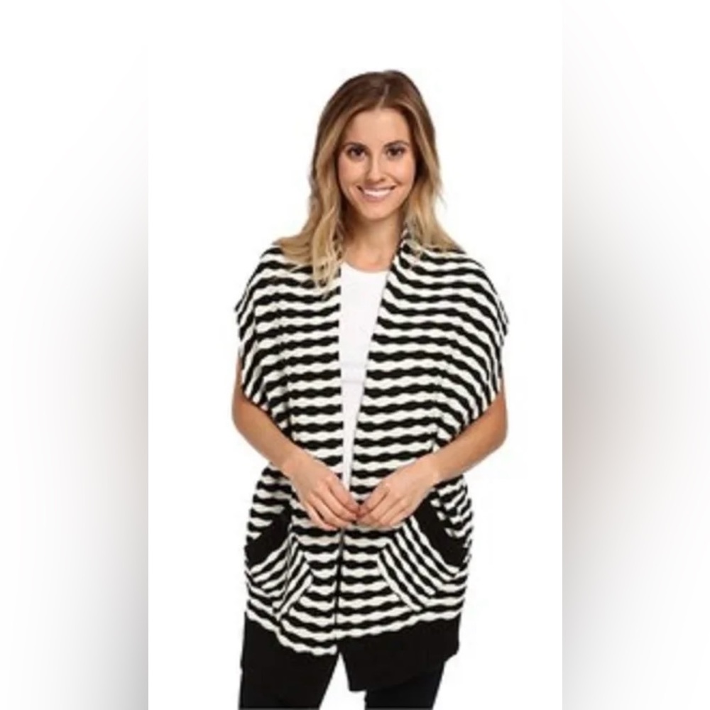 FOX Womens black and white striped pocketed shifter cardigan size large NWT